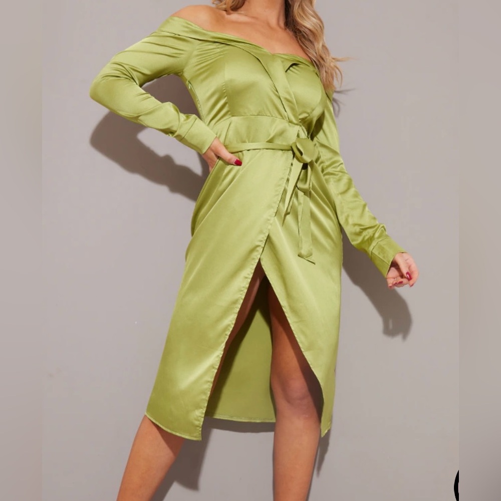PrettyLittleThing NWT OLIVE SATIN BARDOT LAPEL DETAIL WRAP MIDI DRESS women's 14